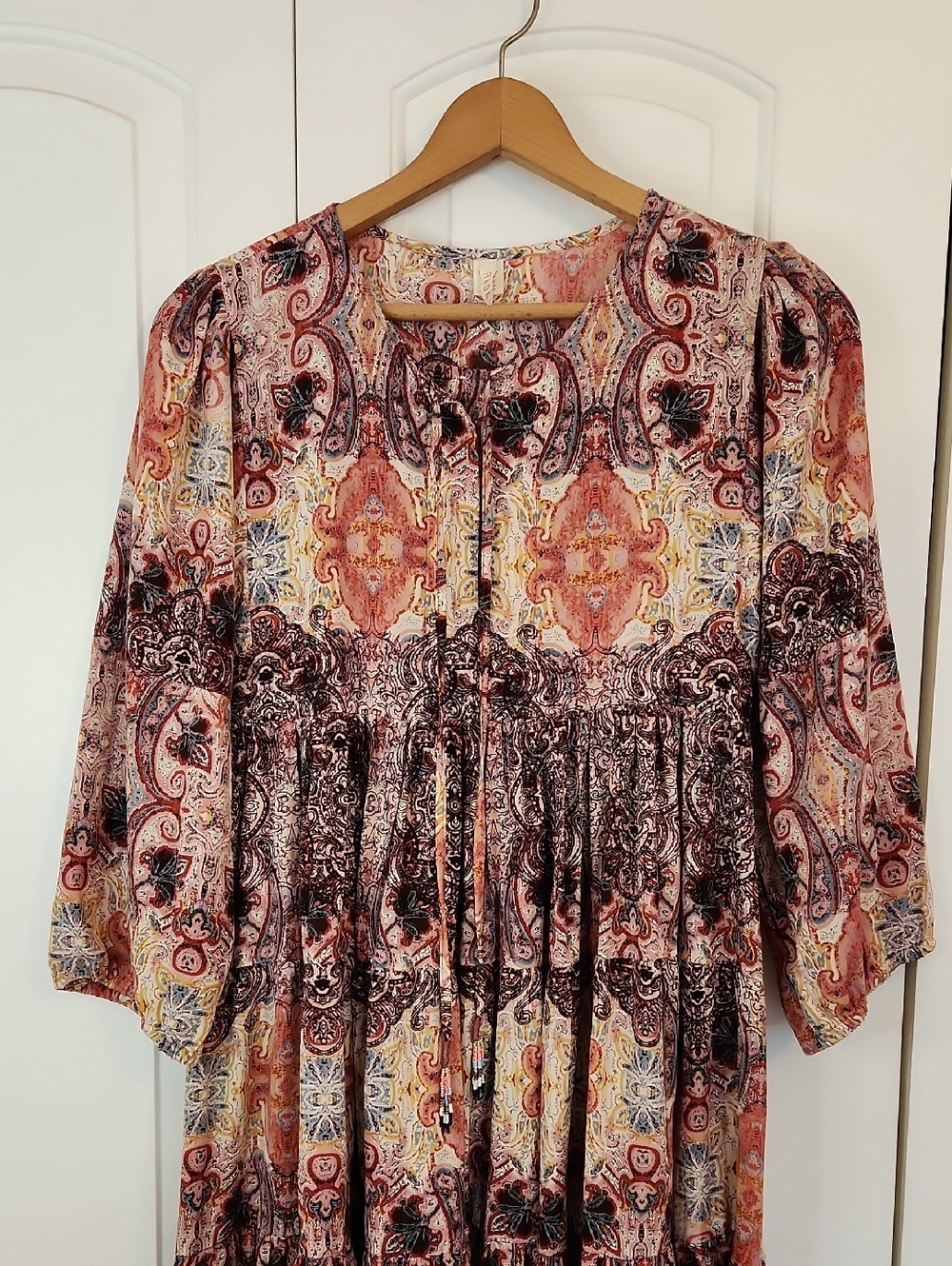 Anthropologie Ragu Paisley Print Pink Motif Tiered Maxi Dress Tassels Size M - Picture 3 of 16